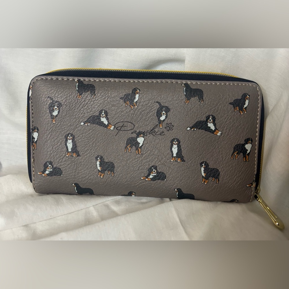 PAWSKIE Tan and Black Dog Design Zippered Wallet Clutch EUC Gold Hardware - Picture 6 of 11